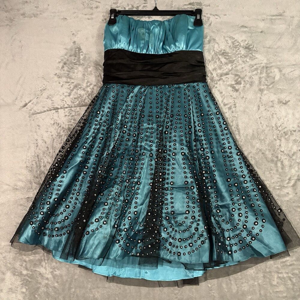 Vtg Blondie Nites Y2K Teal & Black Rhinestone Tulle Mini Dress Prom Whimsygoth
